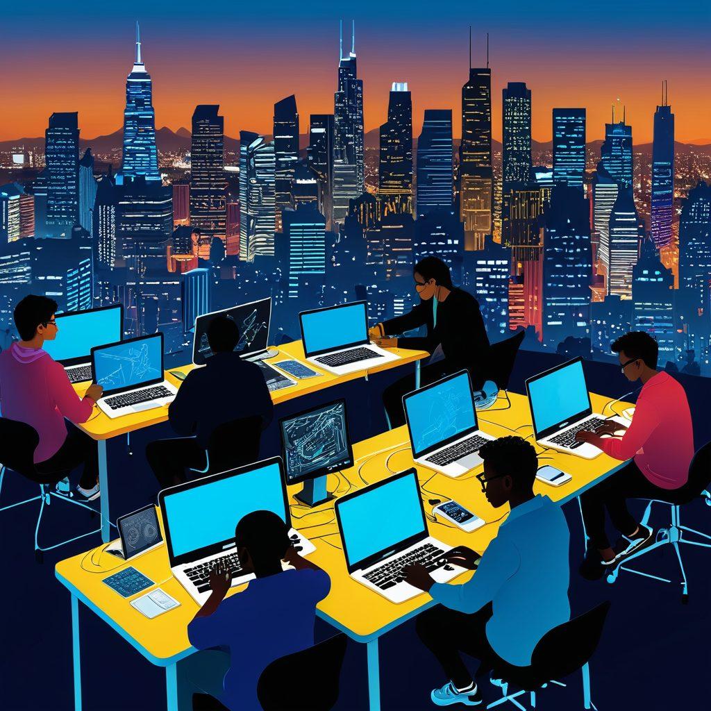 A dynamic illustration of a diverse group of students engaged in technical learning, surrounded by tools and devices symbolizing various skills like coding, engineering, and design. In the background, a vibrant skyline of a modern city, showcasing opportunities. Bright colors to emphasize enthusiasm and innovation. super-realistic. vibrant colors.