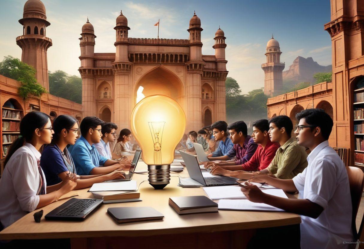 A bright and inspiring scene showcasing a diverse group of students engaged in technical education activities in Maharashtra, surrounded by books, laptops, and project models. The backdrop features iconic landmarks of Maharashtra, symbolizing growth and innovation. A light bulb above represents bright ideas and potential. Include a vibrant color palette to evoke energy and optimism. super-realistic. vibrant colors. white background.